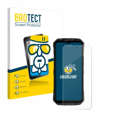 Face avant d’un emballage produit avec le logo de la marque BROTECT. À côté, l’appareil Doogee V30 est représenté avec la prot