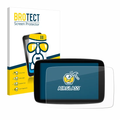 Face avant d’un emballage produit avec le logo de la marque BROTECT. À côté, l’appareil TomTom GO Expert Plus 7" est représent