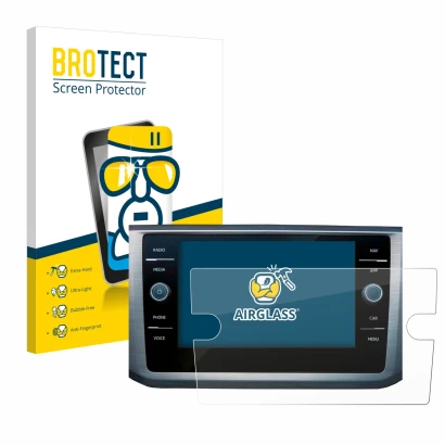 Face avant d’un emballage produit avec le logo de la marque BROTECT. À côté, l’appareil Volkswagen Passat B8 Discover Media 8"