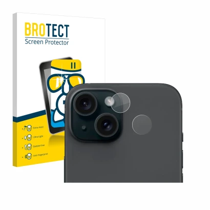 Face avant d’un emballage produit avec le logo de la marque BROTECT. À côté, l’appareil Apple iPhone 15 (Caméra UNIQUEMENT) es