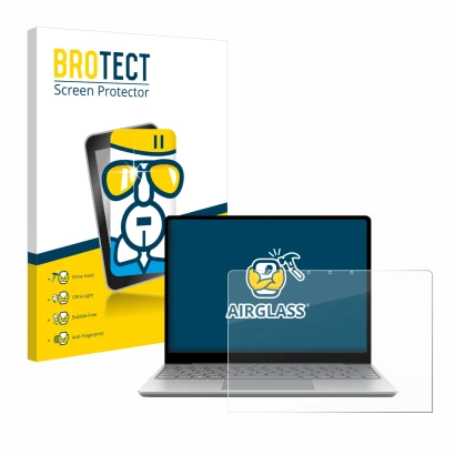 Face avant d’un emballage produit avec le logo de la marque BROTECT. À côté, l’appareil Microsoft Surface Laptop Go 3 Business