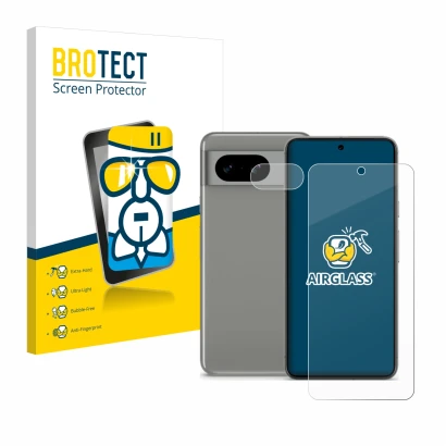 Face avant d’un emballage produit avec le logo de la marque BROTECT. À côté, l’appareil Google Pixel 8 (Avant+Caméra) est repr