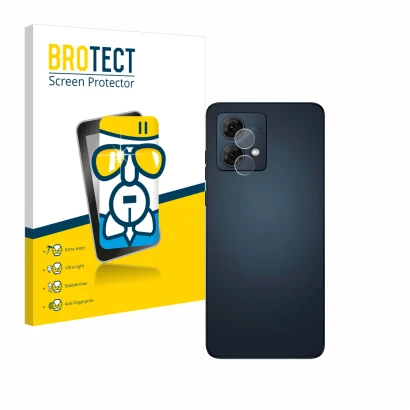 Face avant d’un emballage produit avec le logo de la marque BROTECT. À côté, l’appareil Motorola Moto G84 (Caméra UNIQUEMENT) 