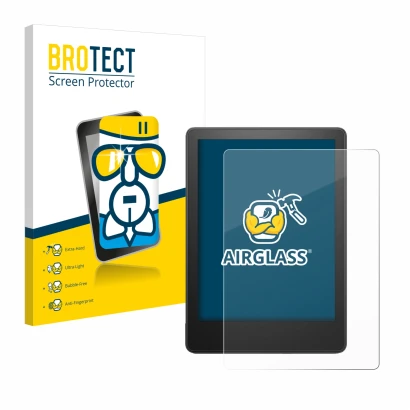 Face avant d’un emballage produit avec le logo de la marque BROTECT. À côté, l’appareil Amazon Kindle Paperwhite 2023 (11ème G