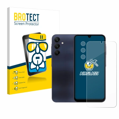 Face avant d’un emballage produit avec le logo de la marque BROTECT. À côté, l’appareil Samsung Galaxy A25 5G (Avant+Caméra) e
