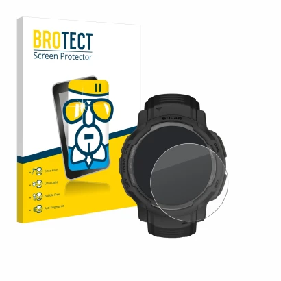 Face avant d’un emballage produit avec le logo de la marque BROTECT. À côté, l’appareil Garmin Instinct Crossover AMOLED est r