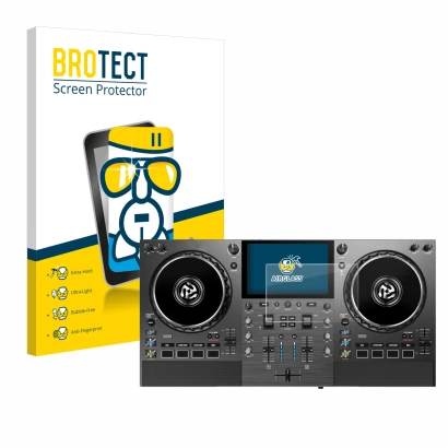 Face avant d’un emballage produit avec le logo de la marque BROTECT. À côté, l’appareil Numark Mixstream Pro Go est représenté