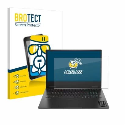 Face avant d’un emballage produit avec le logo de la marque BROTECT. À côté, l’appareil HP Omen 16 2024 est représenté avec la