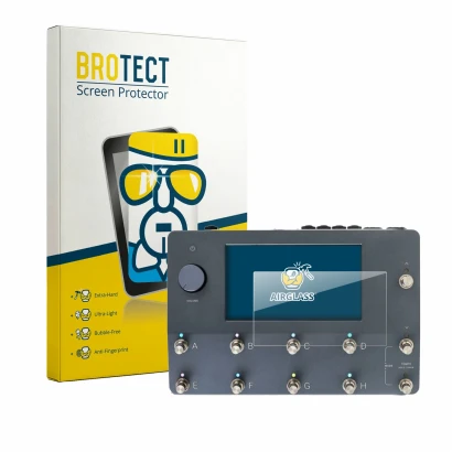 Face avant d’un emballage produit avec le logo de la marque BROTECT. À côté, l’appareil Neural DSP Quad Cortex est représenté