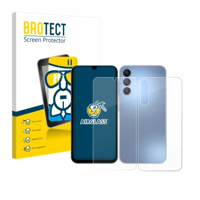 Face avant d’un emballage produit avec le logo de la marque BROTECT. À côté, l’appareil Samsung Galaxy A15 (Avant+Arrière) est