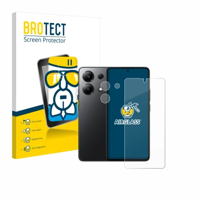 Face avant d’un emballage produit avec le logo de la marque BROTECT. À côté, l’appareil Xiaomi Redmi Note 13 5G (Avant+Caméra)