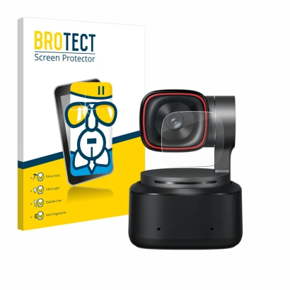 Face avant d’un emballage produit avec le logo de la marque BROTECT. À côté, l’appareil OBSBOT Tiny 2 est représenté avec la p