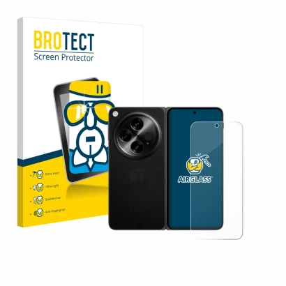 Face avant d’un emballage produit avec le logo de la marque BROTECT. À côté, l’appareil OnePlus Open (case-friendly) est repré