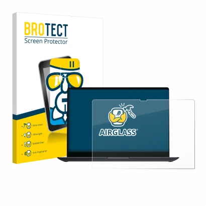 Face avant d’un emballage produit avec le logo de la marque BROTECT. À côté, l’appareil Samsung Galaxy Book4 Ultra 16