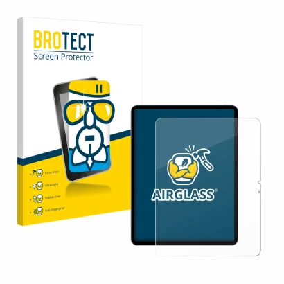 Face avant d’un emballage produit avec le logo de la marque BROTECT. À côté, l’appareil Apple iPad Air 13" M2 WiFi 2024 est re