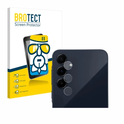 Face avant d’un emballage produit avec le logo de la marque BROTECT. À côté, l’appareil Samsung Galaxy A55 5G (Caméra UNIQUEME