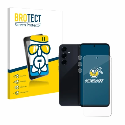 Face avant d’un emballage produit avec le logo de la marque BROTECT. À côté, l’appareil Samsung Galaxy A55 5G (Avant+Caméra) e