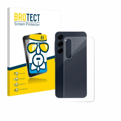 Face avant d’un emballage produit avec le logo de la marque BROTECT. À côté, l’appareil Samsung Galaxy A55 5G (Arrière) est re