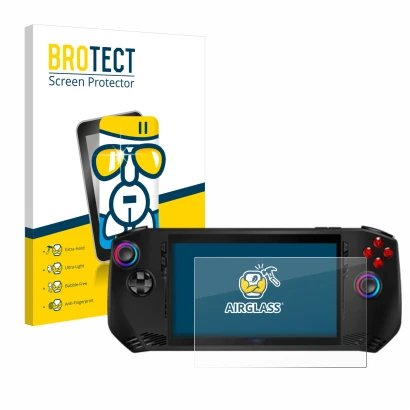 Face avant d’un emballage produit avec le logo de la marque BROTECT. À côté, l’appareil MSI Claw A1M est représenté avec la pr