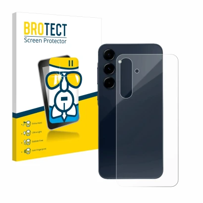Face avant d’un emballage produit avec le logo de la marque BROTECT. À côté, l’appareil Samsung Galaxy A35 5G (Arrière) est re