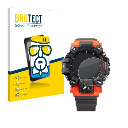 Face avant d’un emballage produit avec le logo de la marque BROTECT. À côté, l’appareil Casio G-Shock GW-9500 est représenté a