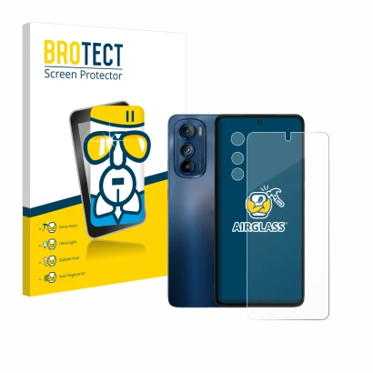 Face avant d’un emballage produit avec le logo de la marque BROTECT. À côté, l’appareil Motorola Edge 30 (Avant+Caméra) est re