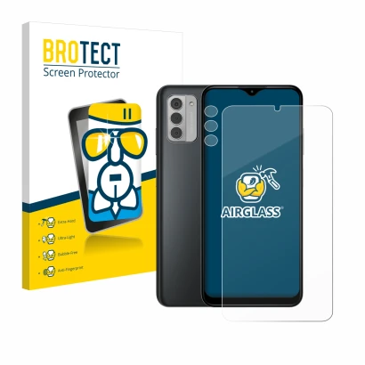 Face avant d’un emballage produit avec le logo de la marque BROTECT. À côté, l’appareil Nokia G42 5G (Avant+Caméra) est représ