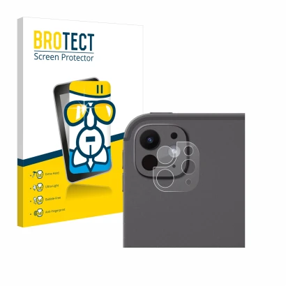 Face avant d’un emballage produit avec le logo de la marque BROTECT. À côté, l’appareil Apple iPad Pro 11" 2024 (Caméra UNIQUE