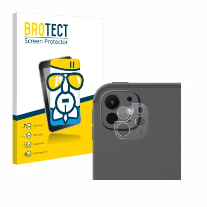 Face avant d’un emballage produit avec le logo de la marque BROTECT. À côté, l’appareil Apple iPad Pro 13" 2024 (Caméra UNIQUE