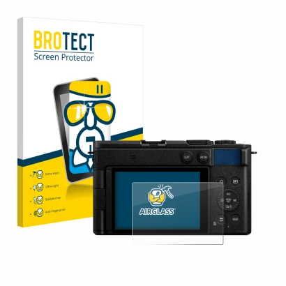 Face avant d’un emballage produit avec le logo de la marque BROTECT. À côté, l’appareil Panasonic Lumix DC-S9 est représenté a