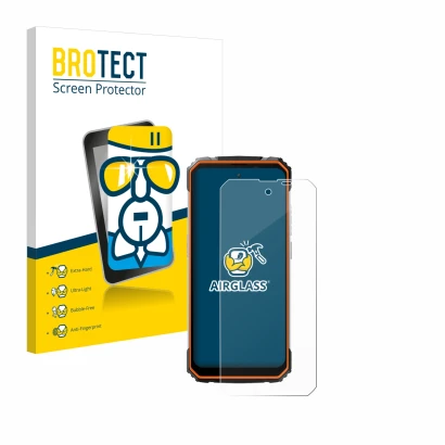 Face avant d’un emballage produit avec le logo de la marque BROTECT. À côté, l’appareil Blackview BV8100 est représenté avec l