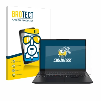 Face avant d’un emballage produit avec le logo de la marque BROTECT. À côté, l’appareil Lenovo ThinkPad L16 Gen 1 est représen