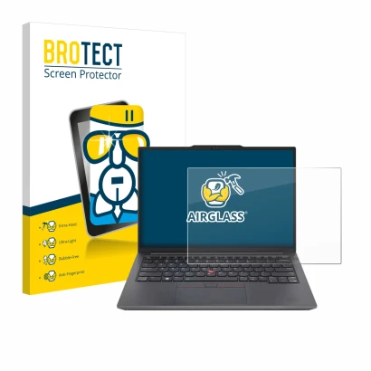 Face avant d’un emballage produit avec le logo de la marque BROTECT. À côté, l’appareil Lenovo ThinkPad E14 Gen 6 est représen