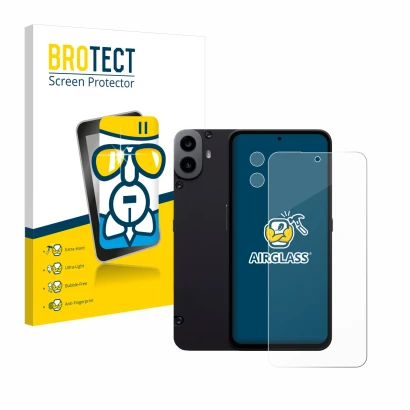 Face avant d’un emballage produit avec le logo de la marque BROTECT. À côté, l’appareil Nothing CMF Phone 1 (Avant+Caméra) est