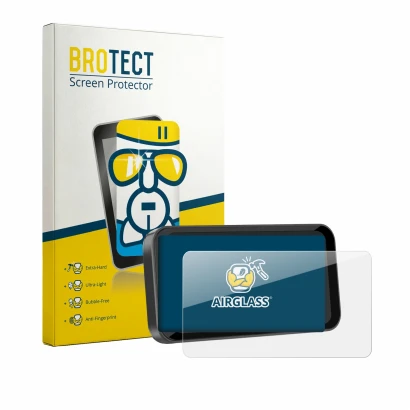 Face avant d’un emballage produit avec le logo de la marque BROTECT. À côté, l’appareil Carpuride W603 6.3" est représenté ave