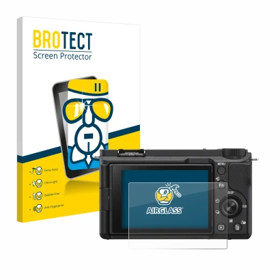 Face avant d’un emballage produit avec le logo de la marque BROTECT. À côté, l’appareil Sony Alpha ZV-E10 II est représenté av