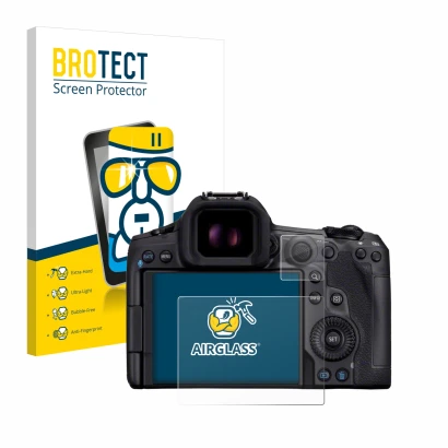 Face avant d’un emballage produit avec le logo de la marque BROTECT. À côté, l’appareil Canon EOS R5 Mark II est représenté av