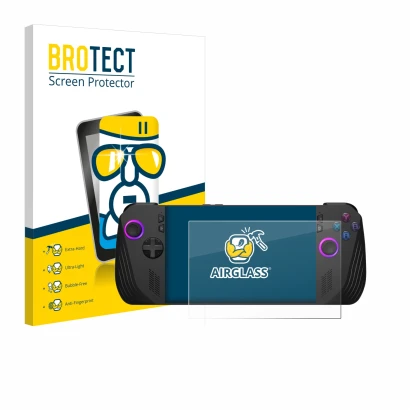 Face avant d’un emballage produit avec le logo de la marque BROTECT. À côté, l’appareil ASUS ROG Ally X (2024) est représenté 