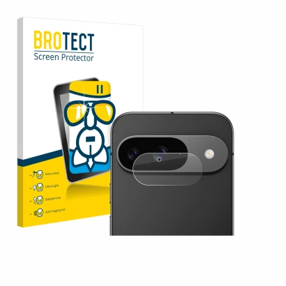 Face avant d’un emballage produit avec le logo de la marque BROTECT. À côté, l’appareil Google Pixel 9 (Caméra UNIQUEMENT) est