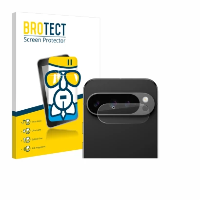 Face avant d’un emballage produit avec le logo de la marque BROTECT. À côté, l’appareil Google Pixel 9 Pro (Caméra UNIQUEMENT)