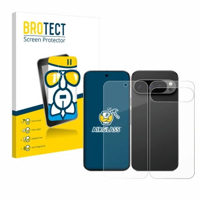 Face avant d’un emballage produit avec le logo de la marque BROTECT. À côté, l’appareil Google Pixel 9 Pro XL (Avant+Arrière)