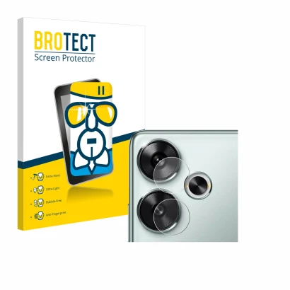 Face avant d’un emballage produit avec le logo de la marque BROTECT. À côté, l’appareil Xiaomi Poco F6 (Caméra UNIQUEMENT) est