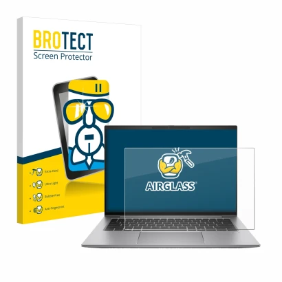 Face avant d’un emballage produit avec le logo de la marque BROTECT. À côté, l’appareil HP Zbook Firefly 14 G11 est représenté