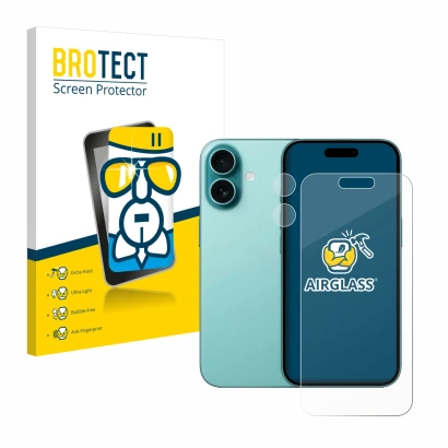 Face avant d’un emballage produit avec le logo de la marque BROTECT. À côté, l’appareil Apple iPhone 16 (Avant+Caméra) est rep