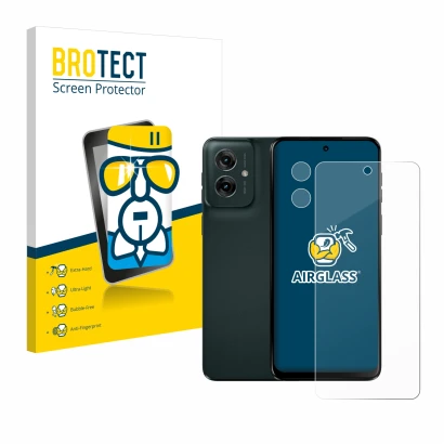 Face avant d’un emballage produit avec le logo de la marque BROTECT. À côté, l’appareil Motorola Moto G55 (Avant+Caméra) est r