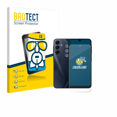 Face avant d’un emballage produit avec le logo de la marque BROTECT. À côté, l’appareil Samsung Galaxy A16 5G (Avant+Caméra) e