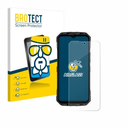 Face avant d’un emballage produit avec le logo de la marque BROTECT. À côté, l’appareil Doogee V Max Plus est représenté avec 