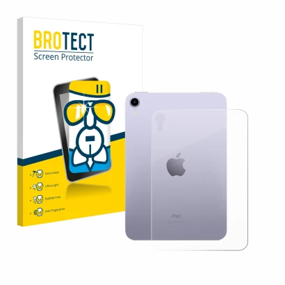 Face avant d’un emballage produit avec le logo de la marque BROTECT. À côté, l’appareil Apple iPad Mini 7 2024 (Arrière) est r