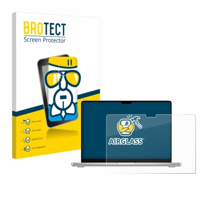 Face avant d’un emballage produit avec le logo de la marque BROTECT. À côté, l’appareil Apple MacBook Pro 14