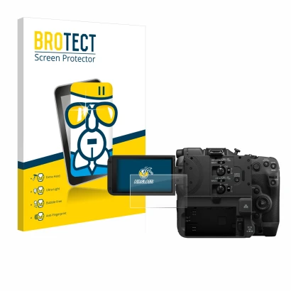 Face avant d’un emballage produit avec le logo de la marque BROTECT. À côté, l’appareil Canon EOS C400 est représenté avec la